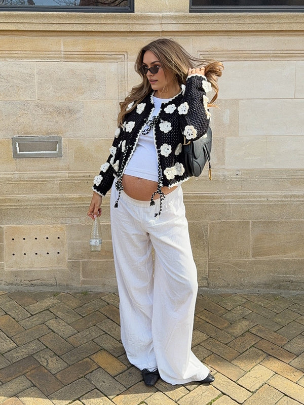 Beaumama gilets en maille grossesse casual chic rugueux 3D fleurie couleur bloc femme enceinte