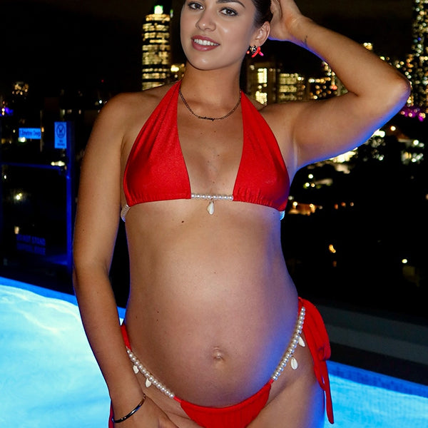 Beaumama maillot de bain deux pièces grossesse plage élégant 2 pièces perle ceinture dos nu femme enceinte