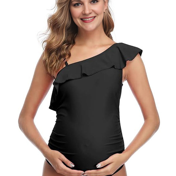 Maillot de bain une pièce grossesse ruchés froncées épaule dénudée noir