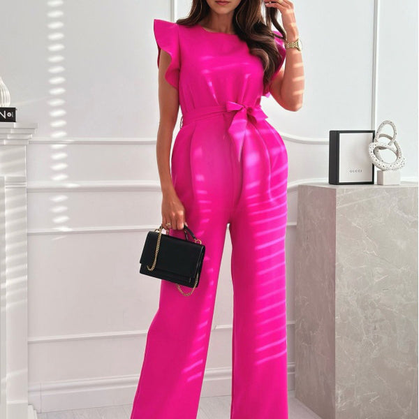 Combinaison grossesse volants ceinture rose framboise
