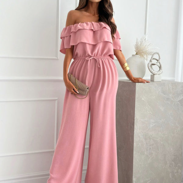 Combinaison grossesse volants coulisse taille épaule dénudée rose