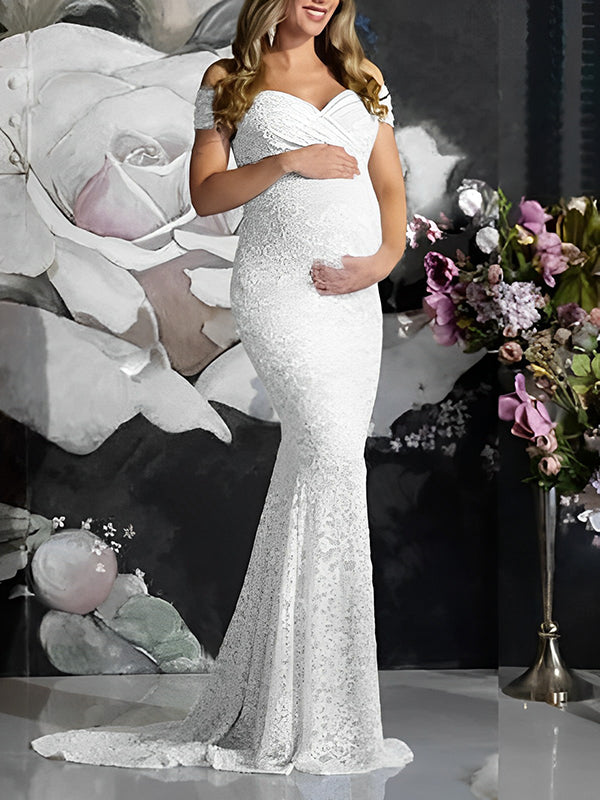 Beaumama robes longue grossesse mariage dentelle moulante sirene queue col bateau shooting cérémonie femme enceinte
