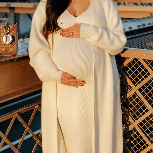 Beaumama robe pulls longue grossesse vacances élégant 2 pièces crochet tricot moulante femme enceinte