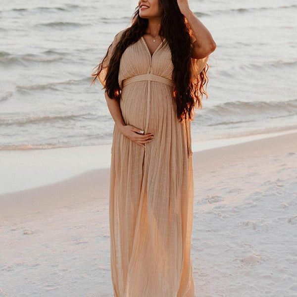 Beaumama robes photo longue grossesse bohème fendu le côté tricot torsadé ceinture dos nu fluide femme enceinte