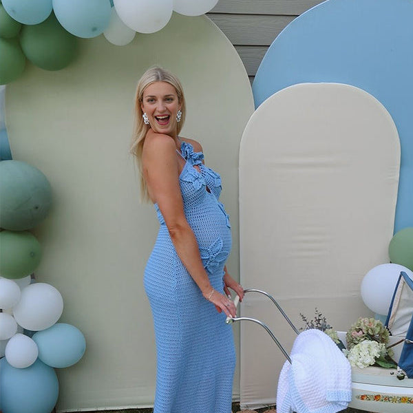 Beaumama robe babyshower longue grossesse vacances chic crochet tricot fleurie dos nu licou femme enceinte