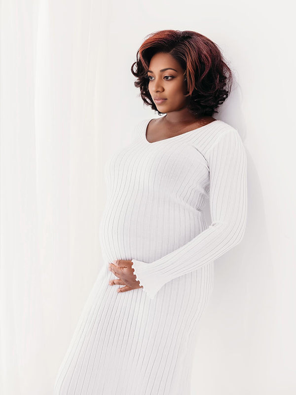Beaumama robe shooting longue grossesse vacances crochet tricot rayé trapèze femme enceinte