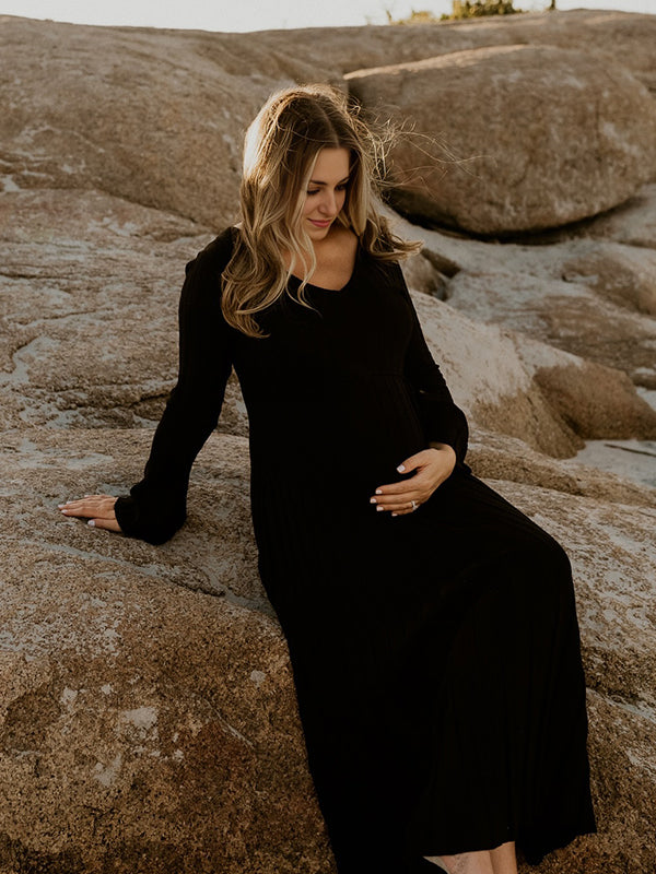 Beaumama robe shooting longue grossesse vacances crochet tricot rayé trapèze femme enceinte