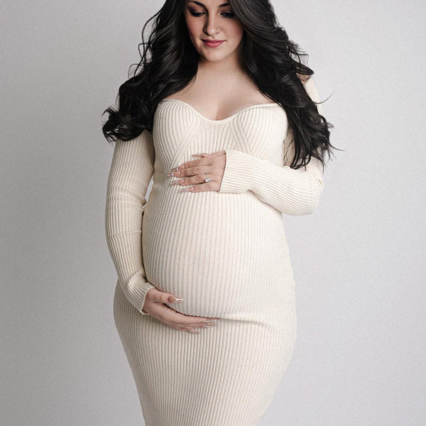Beaumama robe shooting mi-longue grossesse vacances crochet tricot moulante femme enceinte