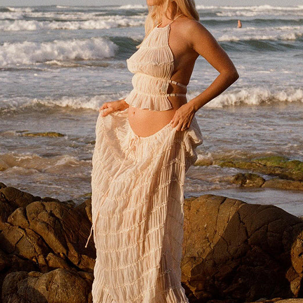 Beaumama robe longue de maternité beige en 2 pièces pour les vacances shooting
