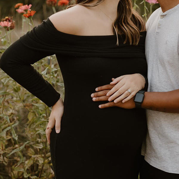Beaumama robe pulls longue grossesse chic élégant crochet tricot épaule dénudée moulante femme enceinte