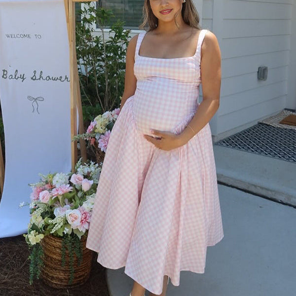 Beaumama robe longue grossesse babyshower carreaux trapèze strap femme enceinte