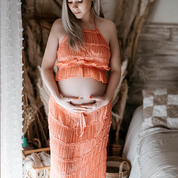 Beaumama robe longue grossesse chic vacances 2 pièces plissé dos nu rose femme enceinte