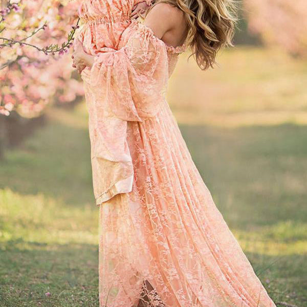 Beaumama robe photo longue grossesse dentelle fendu fluide col bateau femme enceinte