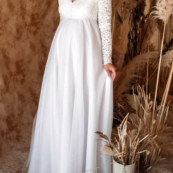 Beaumama robes photo longue grossesse fluide dentelle manches longues femme enceinte
