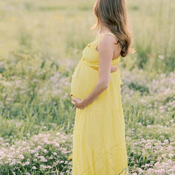 Robe photo longue grossesse coulisse taille dos nu volants fluide trapèze jaune