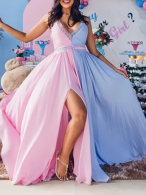 Beaumama robes photo longue grossese baby shower bloc de couleur fendu le côté couches femme enceinte