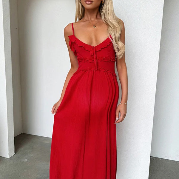 Robe longue grossesse ruchés froncées fluide spaghettiträger rouge