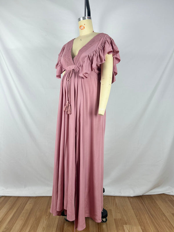 Beaumama robe shooting grossesse longue élégant photo mousseline volants rose femme enceinte