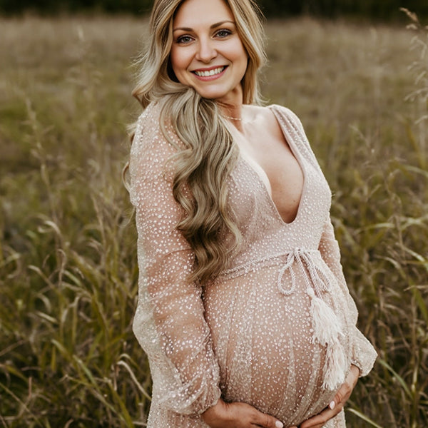 Beaumama robes photo longue grossesse baby shower élégant brillante ceinture tulle transparent femme enceinte