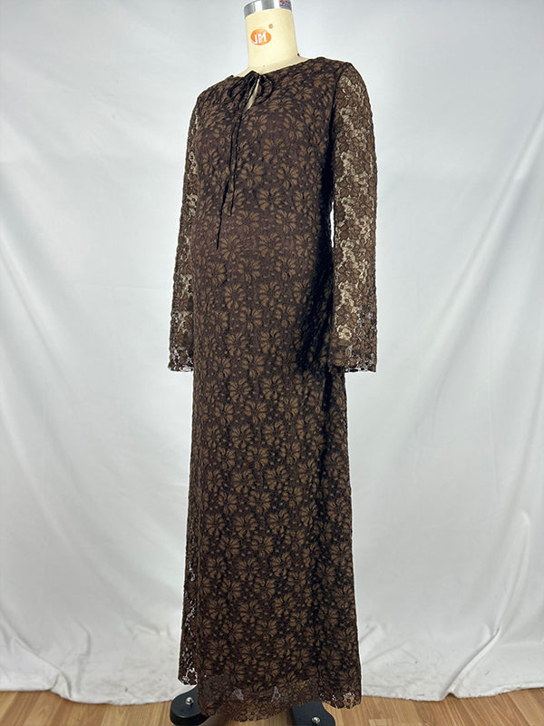 Beaumama robes longue grossese marron enceinte shooting bohème dentelle v-cou manches évasées