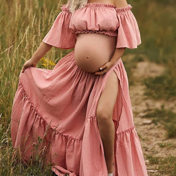 Beaumama robes longue grossesse enceinte shooting costume deux pièces fendu le côté volants fluide femme enceinte