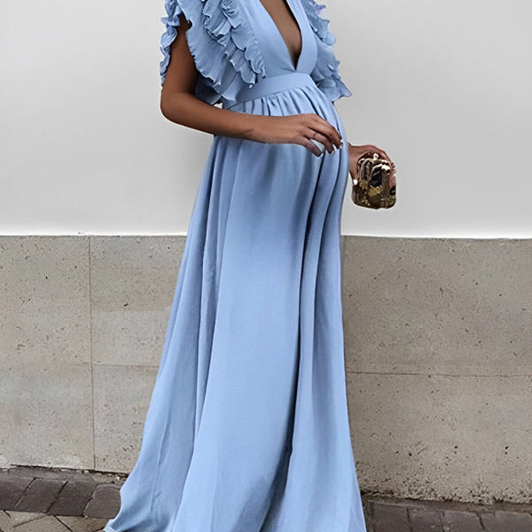 Beaumama robe longue de grossesse dos nu fluide volantée V-cou soirée femme enceinte