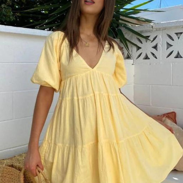 Beaumama robe courte grossesse volants trapèze jaune