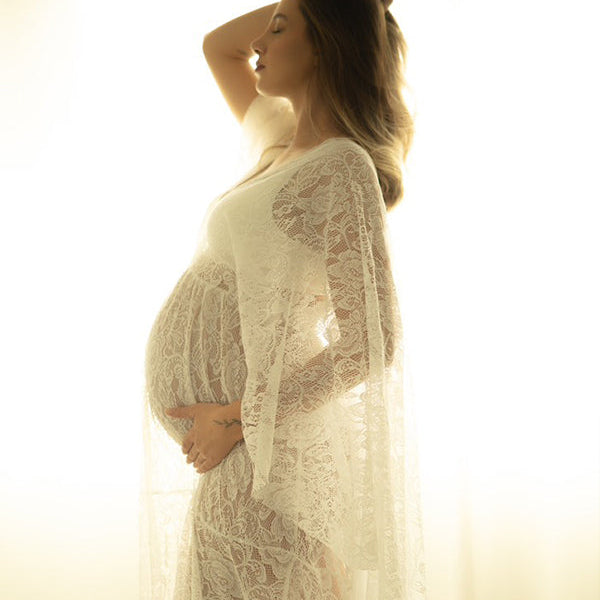 Beaumama robe longue de maternité et de grossesse shooting à manches évasées en dentelle florale style bohème