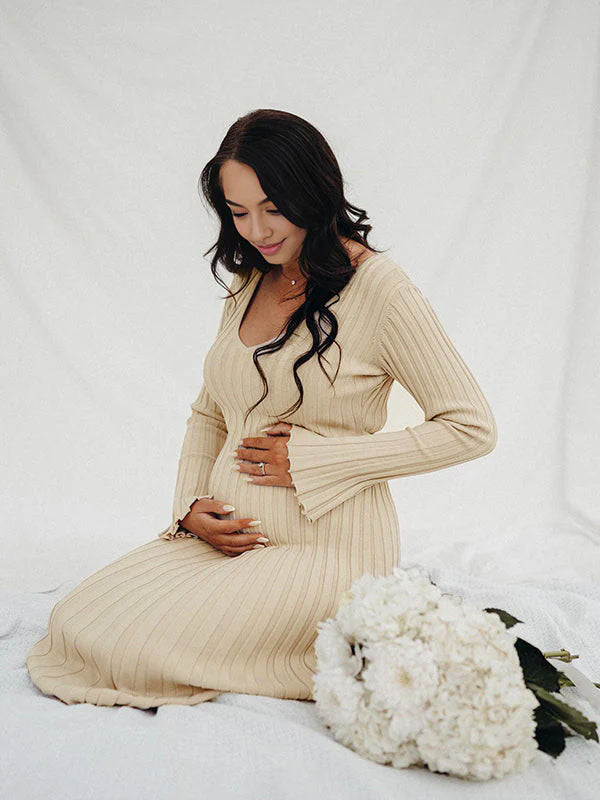 Beaumama robe shooting longue grossesse vacances crochet tricot rayé trapèze femme enceinte