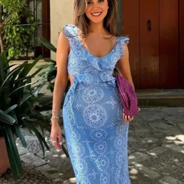 Robe longue grossesse tribal volants dos nu bleu