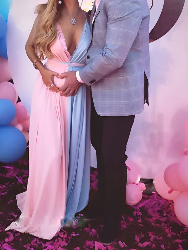 Beaumama robes photo longue grossese baby shower bloc de couleur fendu le côté couches femme enceinte