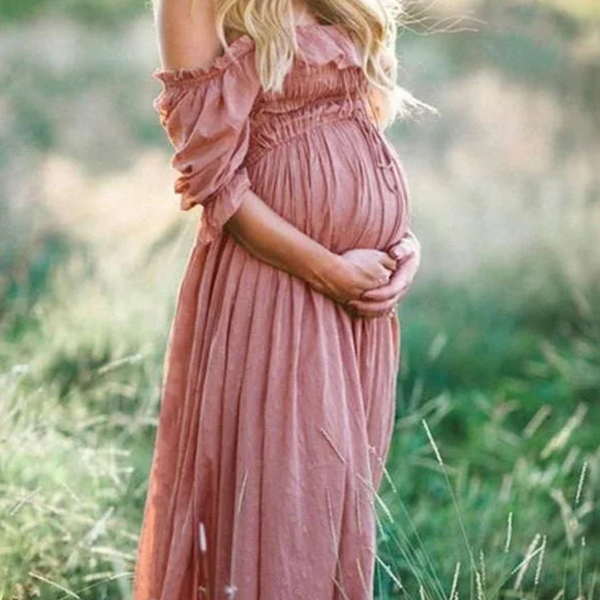 Beaumama robe longue grossesse Col bateau Volants coulisse Dos nu shooting été femme enceinte