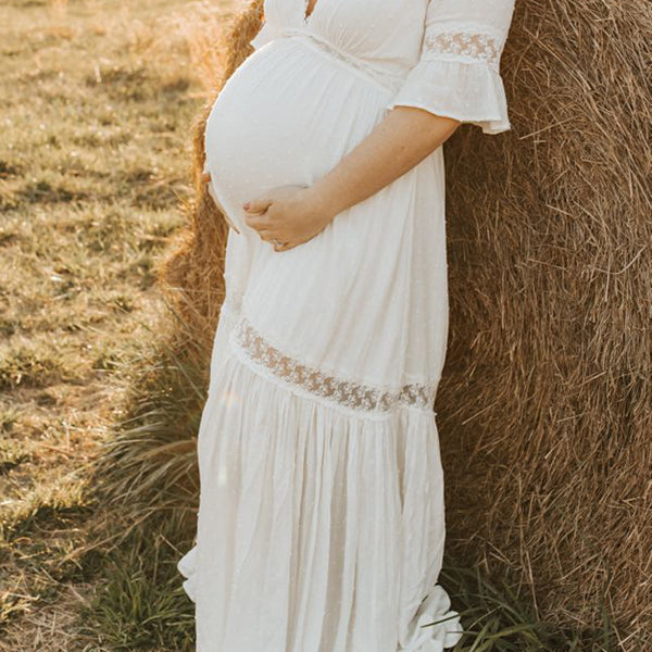 Beaumama robe photo longue grossesse baby shower élégant volants guipure dentelle femme enceinte