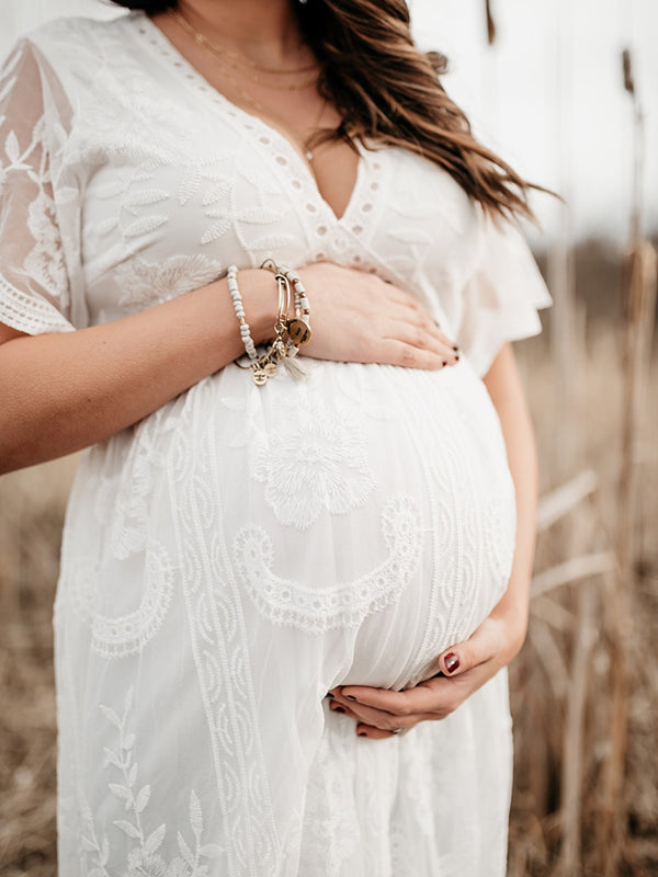 Beaumama robes photo longue grossesse shooting dentelle bord ondulé v-cou femme enceinte