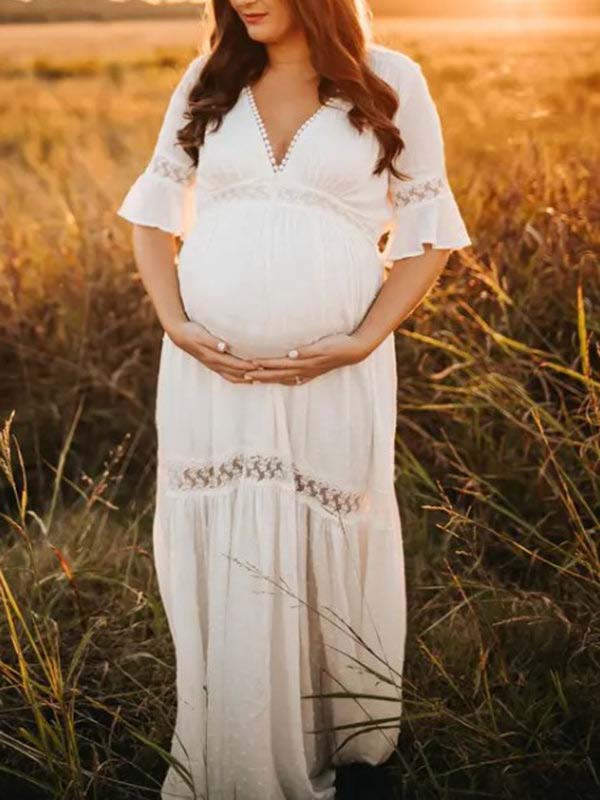 Beaumama robe photo longue grossesse baby shower élégant volants guipure dentelle femme enceinte