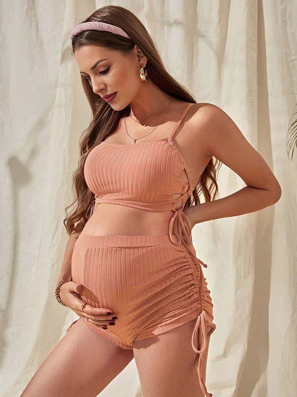 Beaumama maillot de bain deux pièces grossesse rayé coulisse taille plage bikini femme enceinte