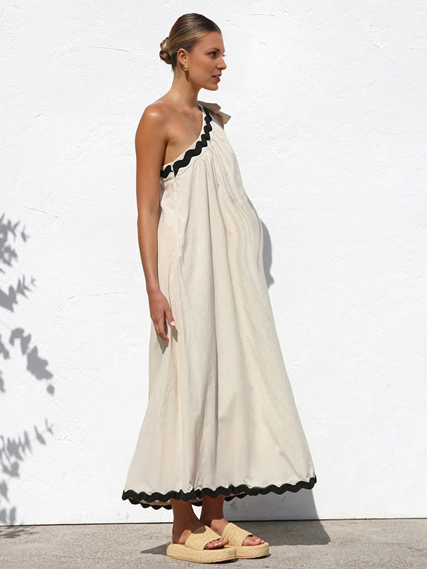 Robe longue grossesse bord ondulé épaule asymétrique abricot