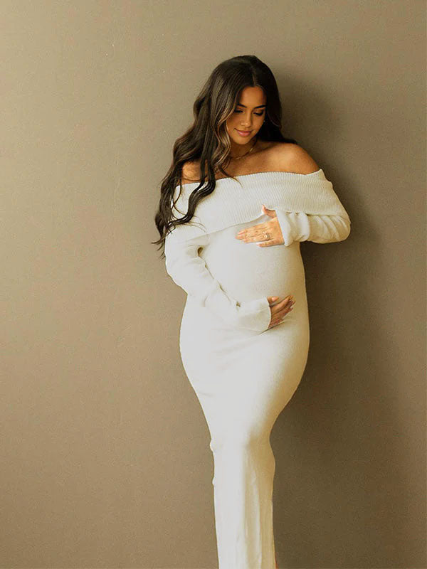 Beaumama robe pulls longue grossesse chic élégant crochet tricot épaule dénudée moulante femme enceinte