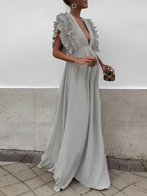 Beaumama robe longue de grossesse dos nu fluide volantée V-cou soirée femme enceinte
