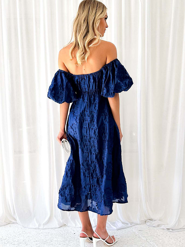 Robe longue grossesse imprimé fleurie épaule dénudée bleu marine