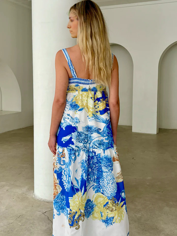 Robes longue grossesse imprimé tropicale feuille strap bleu