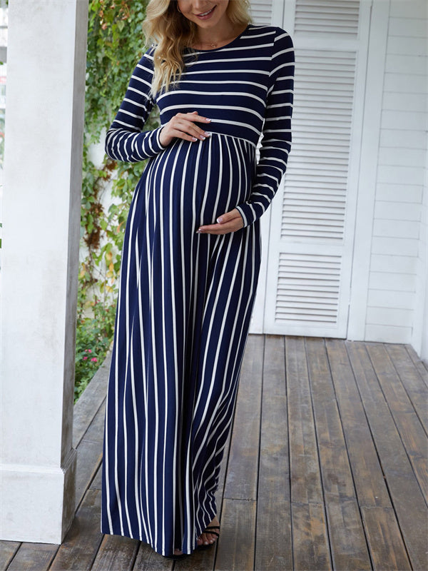 Beaumama robes longue grossesse rayé col rond robes manches longues femme enceinte