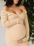 Beaumama robes décontracté longue grossesse élégant rayé moulante v-cou baby shower femme enceinte