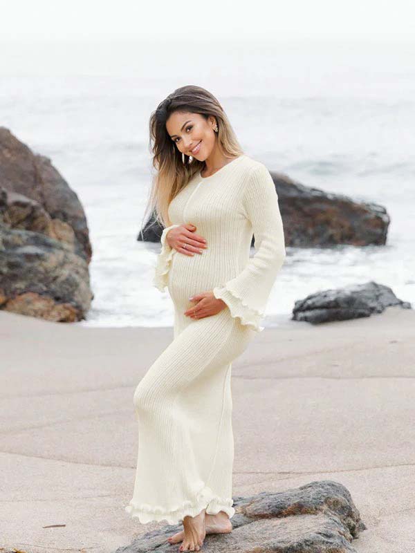 Beaumama robe shooting longue grossesse vacances crochet tricot volants dos nu fluide femme enceinte