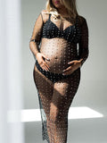 Beaumama robes photo longue grossesse élégant perle brillante fente au dos tulle transparent moulante femme enceinte