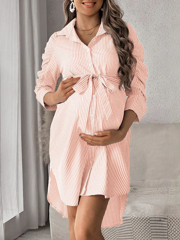 Beaumama robe chemises mi-longue grossesse casual rayé ceinture boutonnage plissé femme enceinte