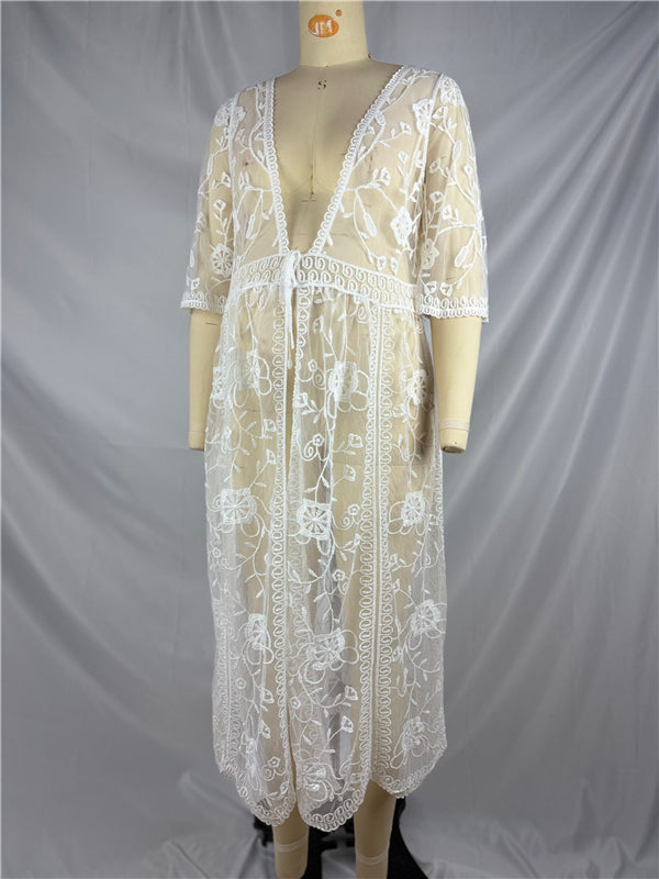 Beaumama robes photo mi-longue grossesse bohème dentelle transparent fente avant bord ondulé femme enceinte