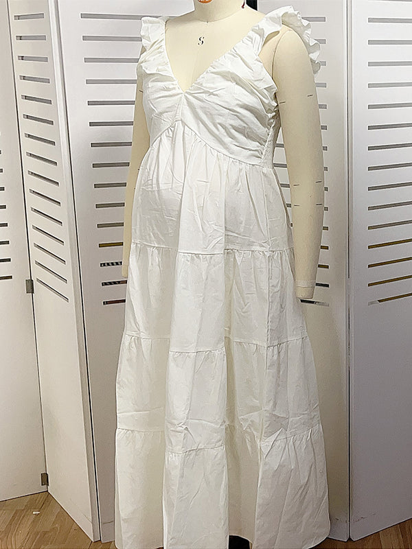Beaumama Robe longue de maternité dos nu à volants et taille haute avec col en v printemps shooting