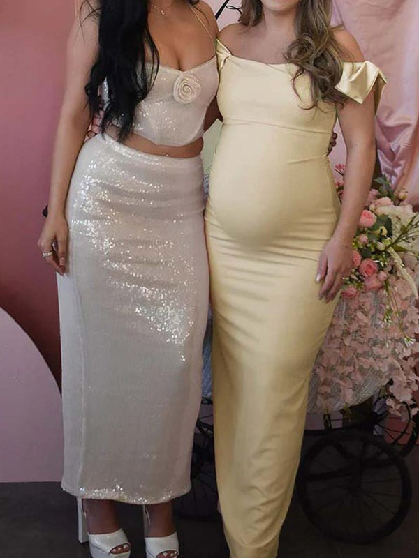 Robes de soirée grossesse nœud papillon épaule dénudée champagne