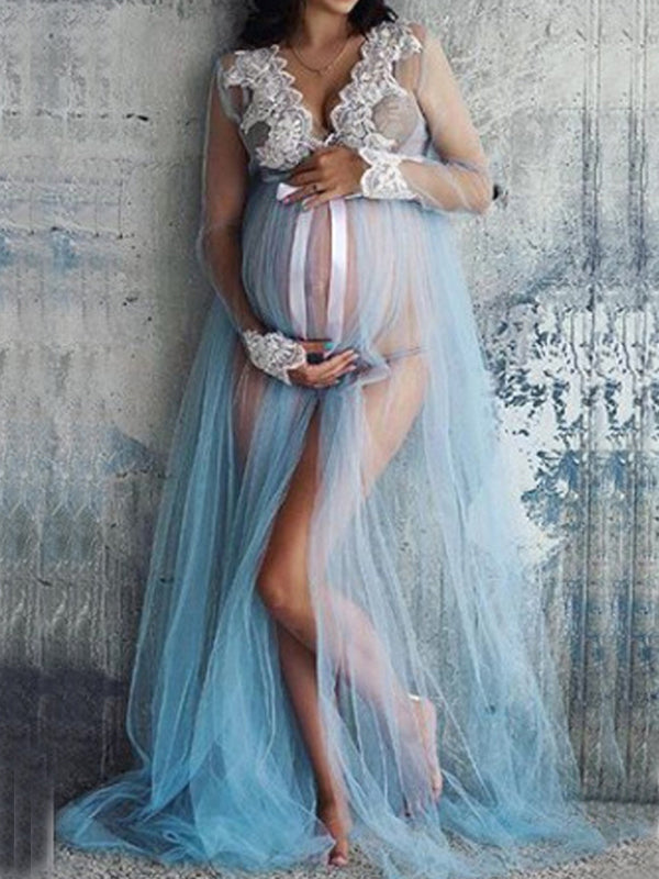 Beaumama robe longues grossesse dentelle grenade noeud papillon fendu shooting photo